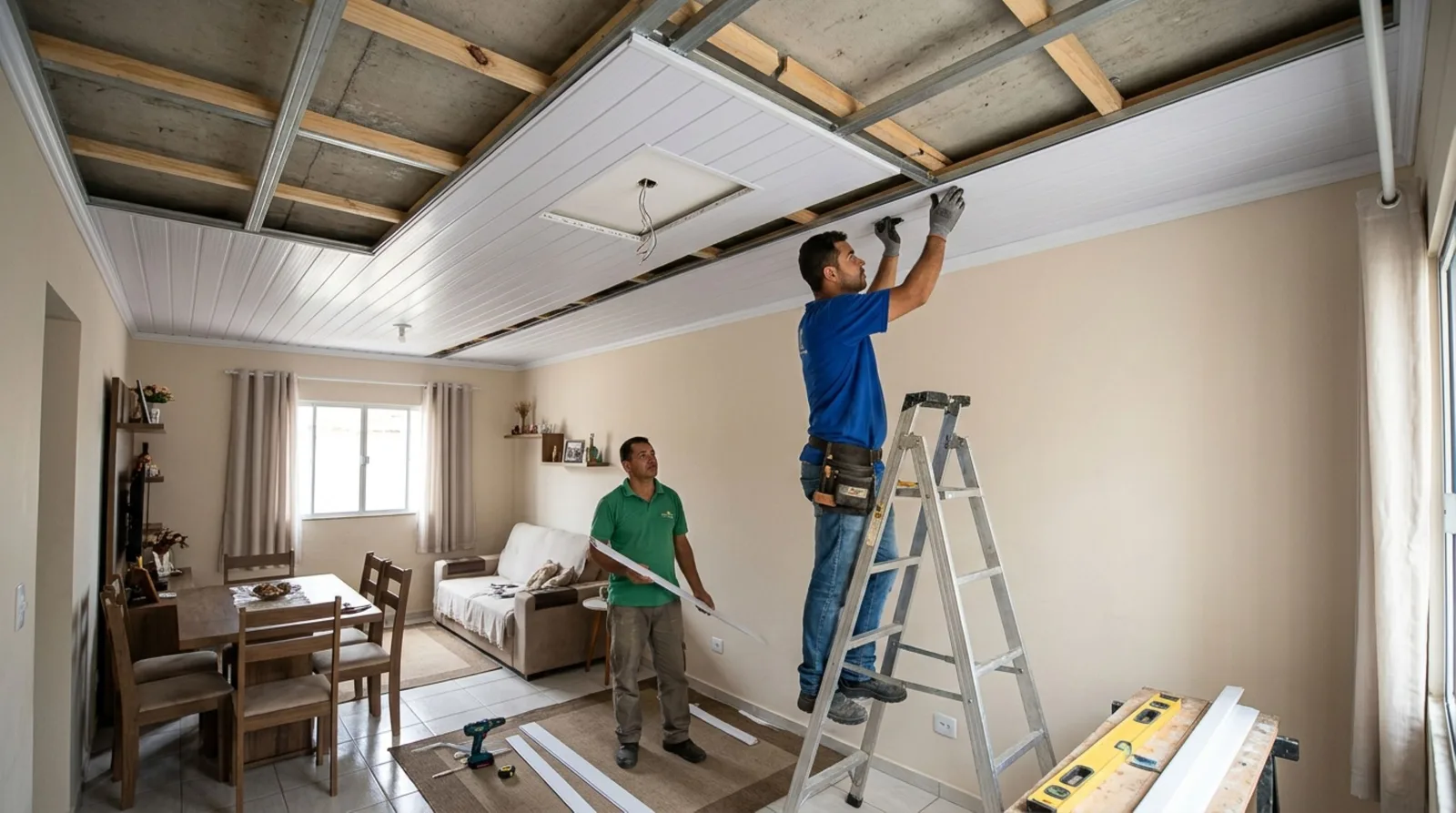 Réguas de PVC e painéis renovam o teto sem uma reforma extensa