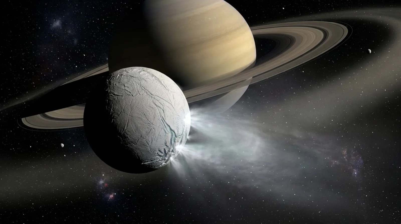 Encélado lança material de seu oceano e abastece o anel E de Saturno