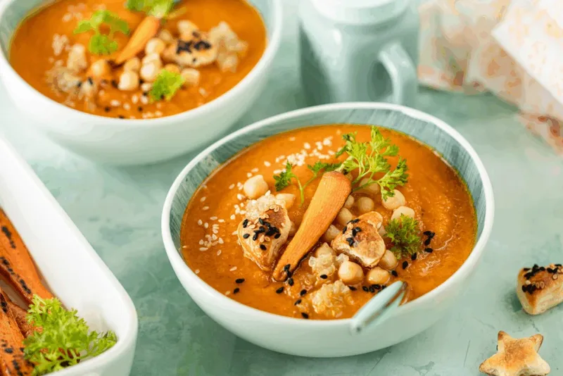 Três sopas cremosas com frango, tofu e grão-de-bico