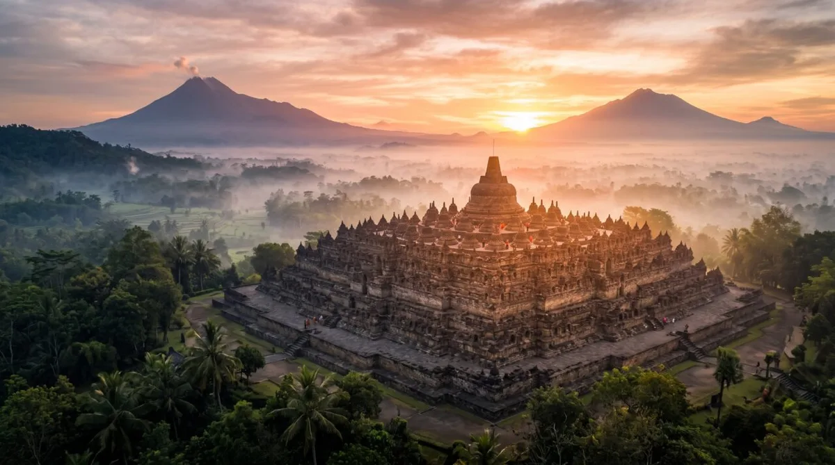 Borobudur combina terraços e estupas em uma montanha de pedra na Indonésia