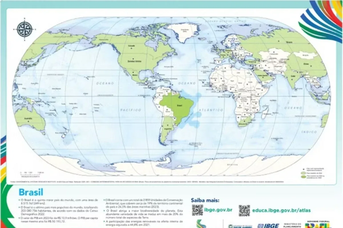 IBGE disponibiliza mapas-múndi com o Brasil no centro para download gratuito